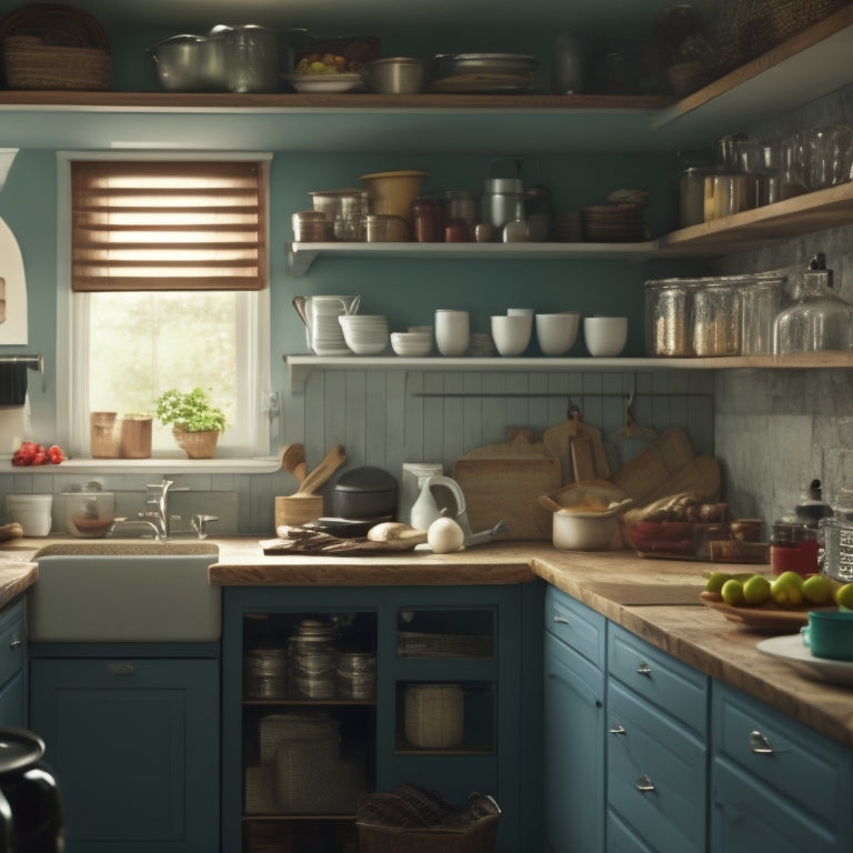 A cluttered kitchen with upper cabinets, messy countertops, and a few open shelves in the background, with a subtle arrow or spotlight hinting at the open shelving as a solution.