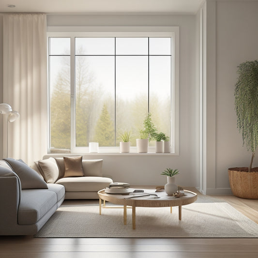 A serene, minimalist living room with a few, carefully curated possessions, surrounded by empty space, natural light pouring in through a large window, and a single, open box in the corner, awaiting donation.