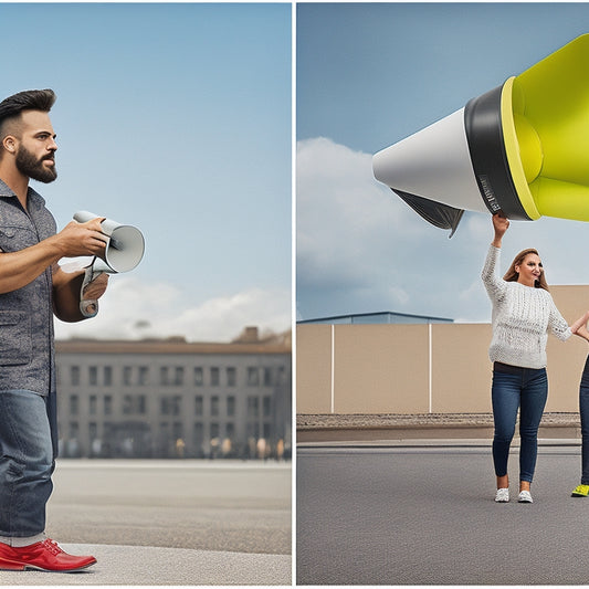 A split-screen image featuring a giant megaphone on the left, with a miniature influencer standing on its rim, versus a small, handheld megaphone on the right, with a tiny influencer confidently holding it.