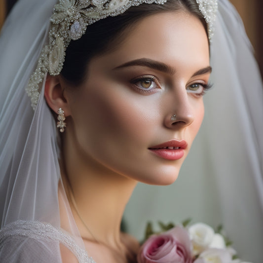 A soft, warm light illuminates a elegant, lace-trimmed wedding veil draped over a vintage, ornate mirror, surrounded by scattered rose petals and delicate, sparkling jewelry pieces.