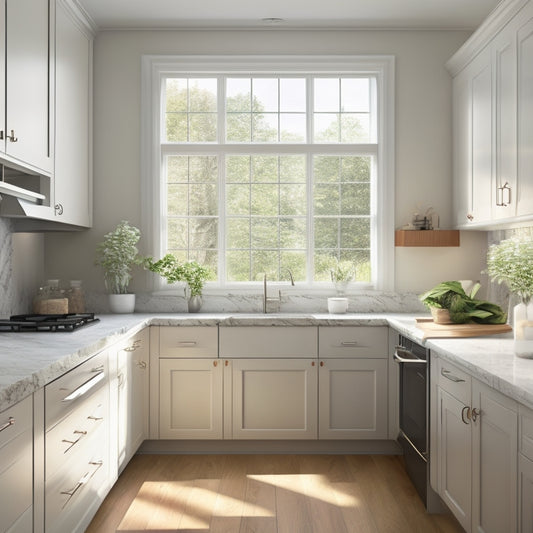 An illustration of a modern kitchen with a corner sink, surrounded by sleek white cabinets, dark hardwood floors, and a large window with natural light pouring in, highlighting the optimized layout.