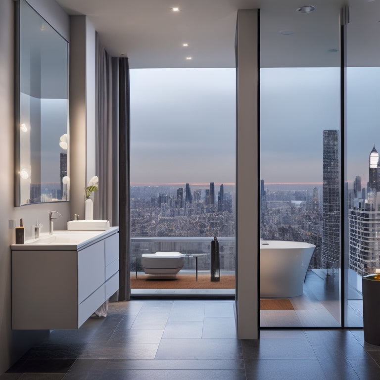 A modern, sleek bathroom with a large, wall-mounted mirror, minimalist sink, and a walk-in shower featuring a rainfall showerhead, set against a backdrop of a bustling cityscape at dusk.