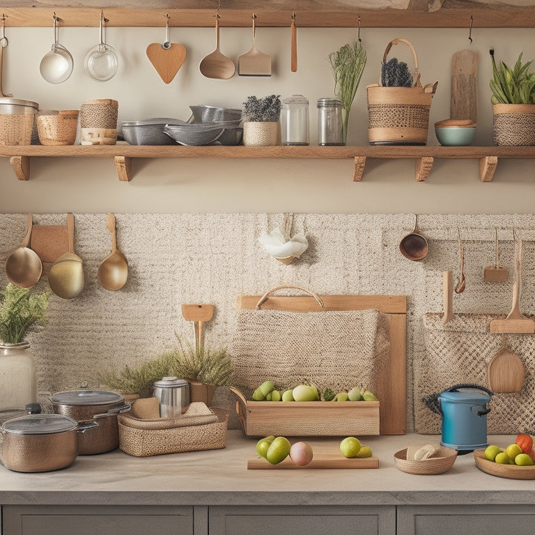 A messy kitchen counter with utensils and ingredients scattered around, transformed into a clutter-free space with a wooden pegboard, a DIY shelf, and a few strategically placed baskets, surrounded by natural light.