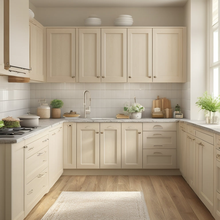 A serene kitchen with cream-colored cabinets featuring minimal hardware, soft-close doors, and a limited number of knobs, surrounded by a calming beige backsplash and natural wood flooring.