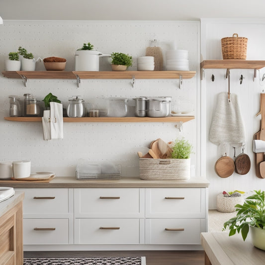 A bright, modern kitchen with white cabinets, light gray countertops, and warm wood accents, showcasing clever storage solutions: hanging utensil organizers, a pegboard, and a cart with woven baskets.