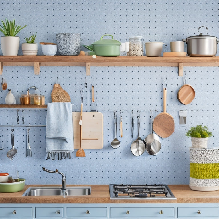 A bright and airy kitchen with a single place setting, a small utensil organizer on the counter, and a pegboard on the wall with a few frequently used pots and pans.