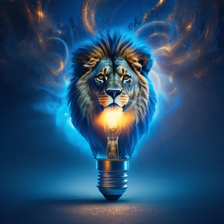 A bold, abstract illustration featuring a lion's head emerging from a lightbulb, surrounded by swirling gears, sparks, and flames, set against a dark blue background with subtle cityscape silhouettes.