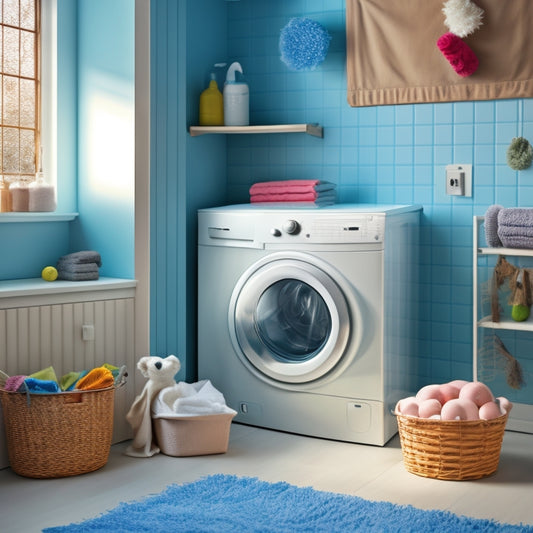 A tidy laundry room with a washer and dryer, a small trash can with a few fluffy white lint balls inside, and a clean lint filter with a few stray threads hanging loose.