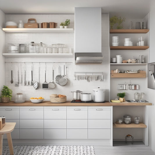 A tidy kitchen with a U-shaped layout, featuring a wall-mounted pegboard with hanging utensils, a pull-out trash can, and a set of matching white cabinets with sleek silver handles.
