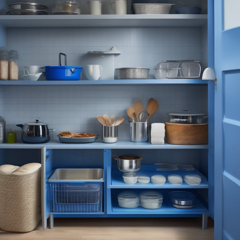 A tidy kitchen cabinet with open doors, showcasing a stack of neatly arranged baking sheets, each separated by dividers or silicone spacers, with a few kitchen utensils and oven mitts nearby.