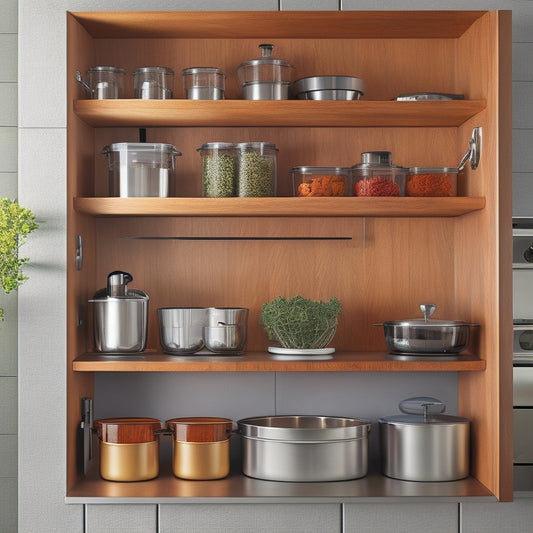 A modern, sleek kitchen with smart organizers: a pull-out spice rack, adjustable dividers in a drawer, a rotating utensil carousel, and a wall-mounted pot lid holder, all in a harmonious blend of wood and steel tones.