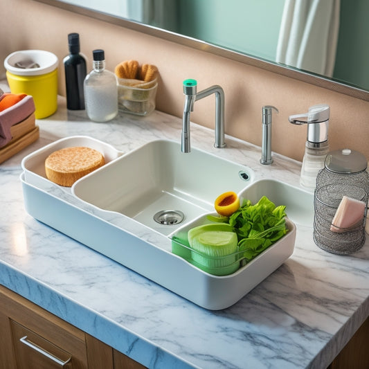 A photo of a sink basin with a custom-fit organizer, featuring separate compartments for soap, sponges, and scrubbers, with a modern faucet and sleek, marble countertops in the background.
