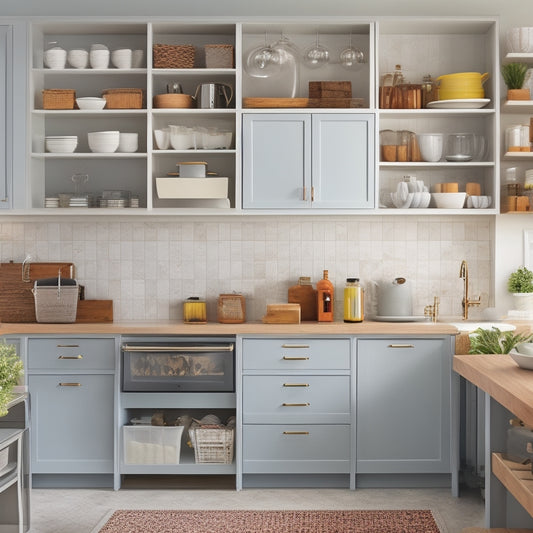 A tidy kitchen with five different cabinet organization systems installed, each showcasing a unique feature: pull-out trash cans, adjustable shelving, soft-close drawers, utensil dividers, and a pegboard.