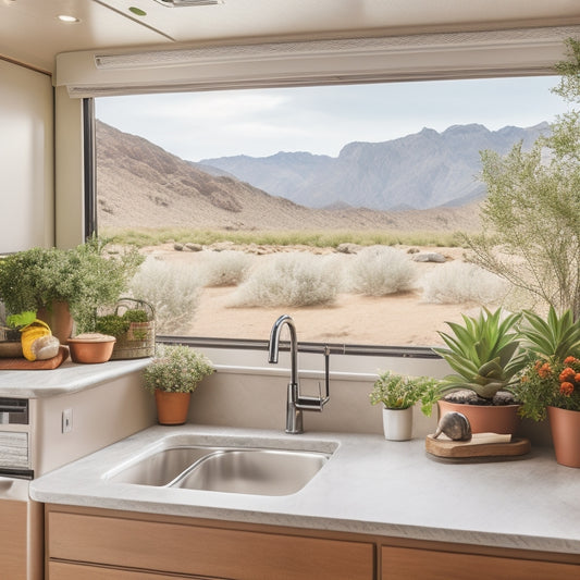 A serene RV interior with a tidy kitchen, organized cabinets, and a clutter-free countertop, featuring a few decorative plants and a sunny window with a scenic outdoor view.