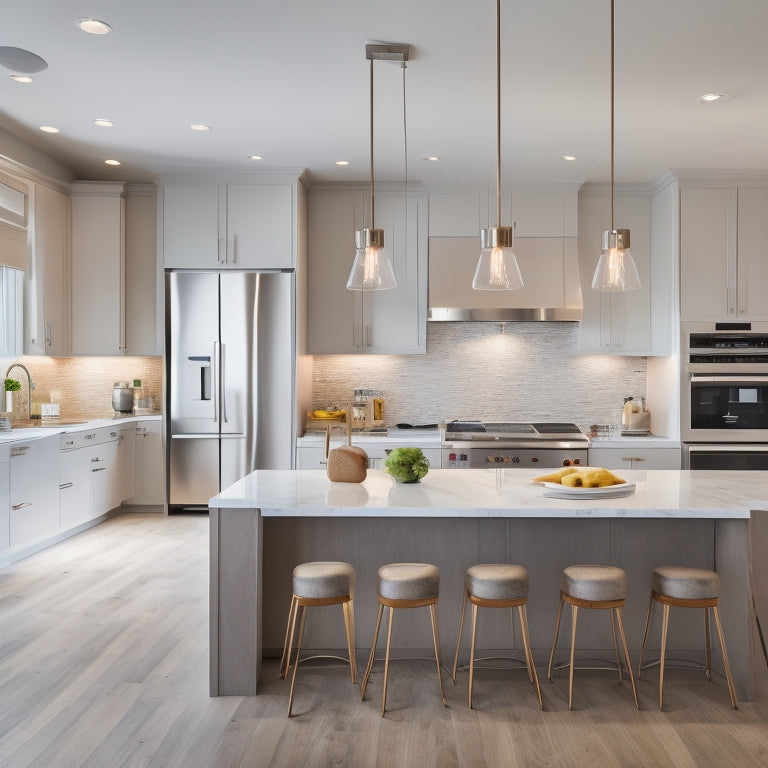 A modern kitchen with sleek, high-gloss cabinetry, quartz countertops, and stainless steel appliances, featuring a large island with pendant lighting, surrounded by a neutral-toned open-plan living area.