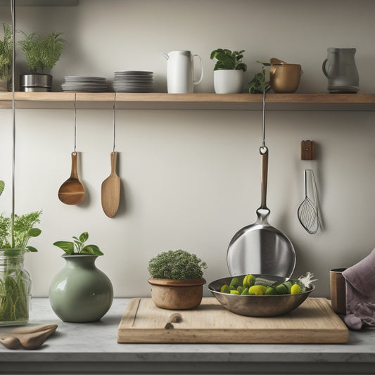 A serene kitchen scene: a few, carefully selected cookbooks on a minimalist wooden shelf, a small potted herb on a clean counter, and a single, gleaming kitchen utensil hanging from a hook.