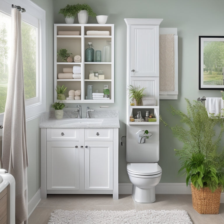 A beautifully organized bathroom with a wall-mounted cabinet featuring pull-out drawers, a pedestal sink with a slide-out storage shelf, and a shower caddy with hanging baskets and hooks.