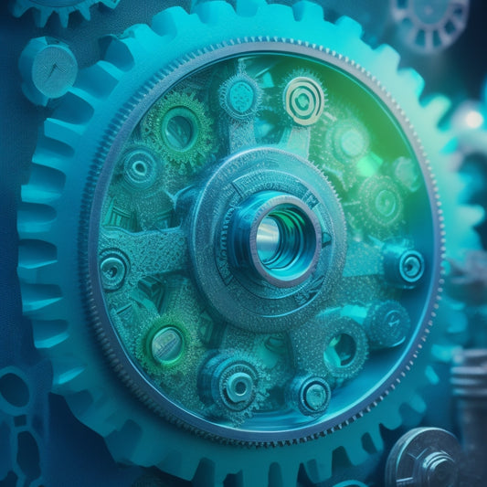 A stylized illustration of interconnected gears, cogs, and puzzle pieces in shades of blue and green, forming a cohesive whole, surrounded by subtle light rays and gentle sparks.