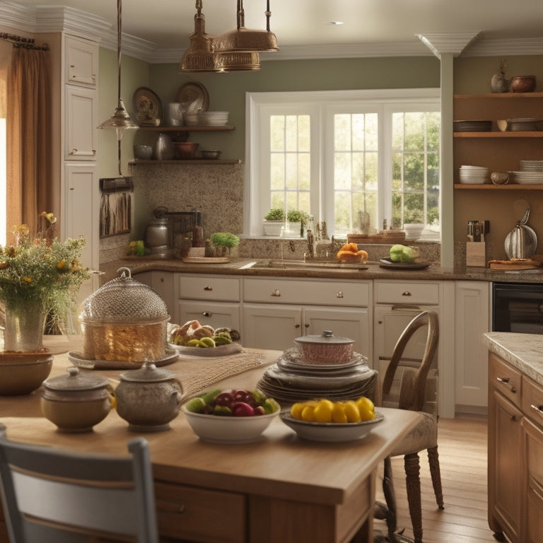 A warm and inviting kitchen with a senior adult in the background, surrounded by organized cabinetry, ergonomic countertops, and accessible storage solutions, with a walker or cane subtly present.