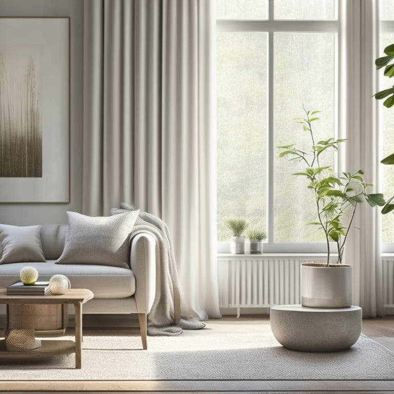 A serene, minimalist living room with a few, carefully selected items: a single, white orchid on a wooden side table, a plush area rug in a natural fiber, and a floor-to-ceiling window with soft, billowy curtains.