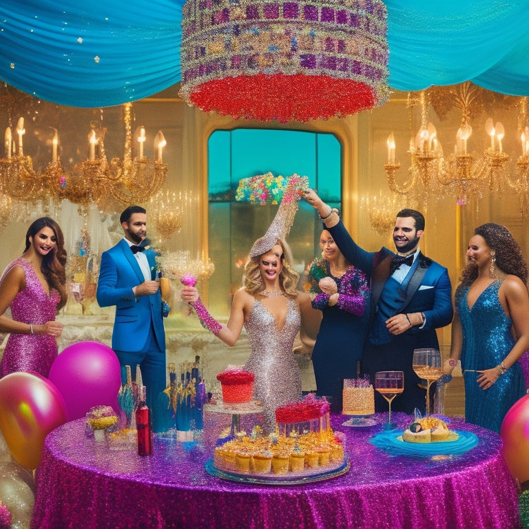 A vibrant, whimsical illustration of a luxurious, adults-only birthday party: confetti balloons, glittering chandeliers, a champagne tower, and guests dressed in glamorous attire, surrounded by artistic stations and lavish decorations.