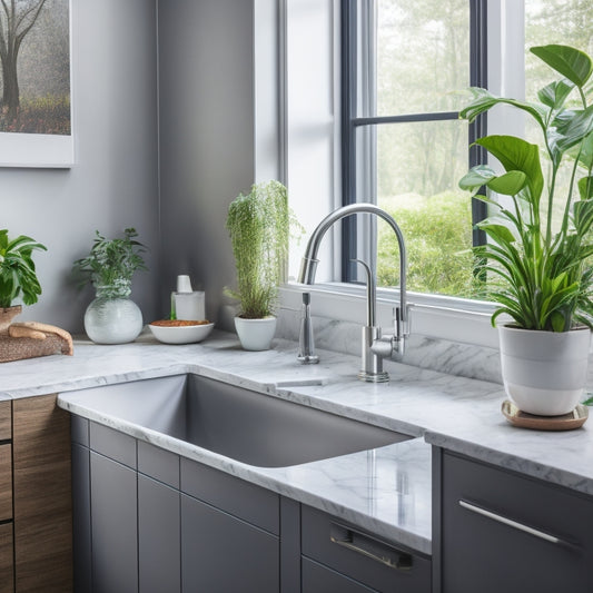 A well-organized kitchen sink area with a modern faucet, a soap dispenser, and a small potted plant on the counter, surrounded by sleek grey cabinets and white marble countertops.