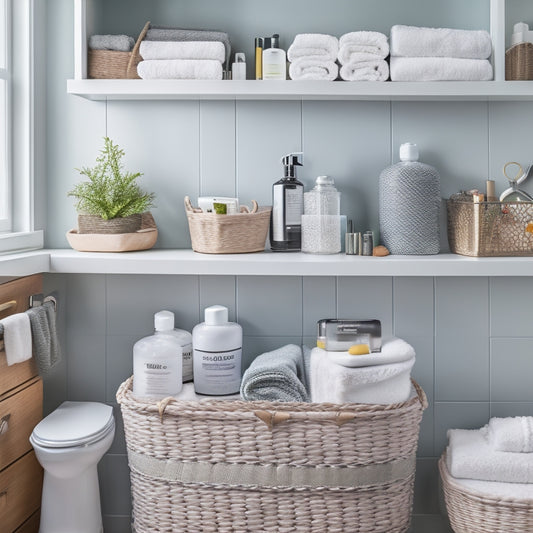 A cluttered bathroom counter with scattered toiletries, towels, and beauty products, transformed into an organized space with repurposed dollar store baskets, bins, and shelves in a calming white and gray color scheme.