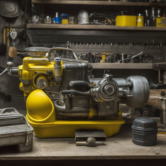 A Johnson outboard engine with the cowling removed, exposing the internal components, with the choke valve highlighted in bright yellow, surrounded by tools and wrenches on a cluttered workbench.