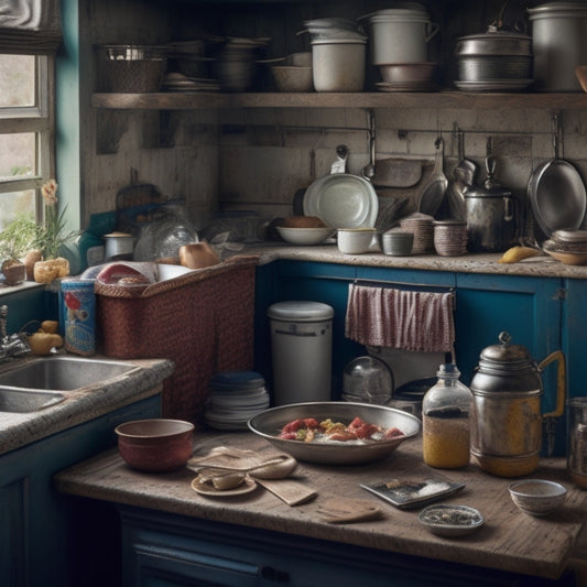 A cluttered kitchen with dirty dishes piled high in the sink, countertops overflowing with appliances, cookbooks, and food containers, amidst a backdrop of worn and faded kitchen cabinets.