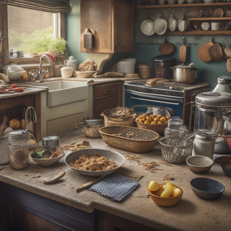 A cluttered kitchen with countertops overflowing with appliances, utensils, and expired food, surrounded by dirty dishes and pots, with a subtle hint of dust and grime in the background.