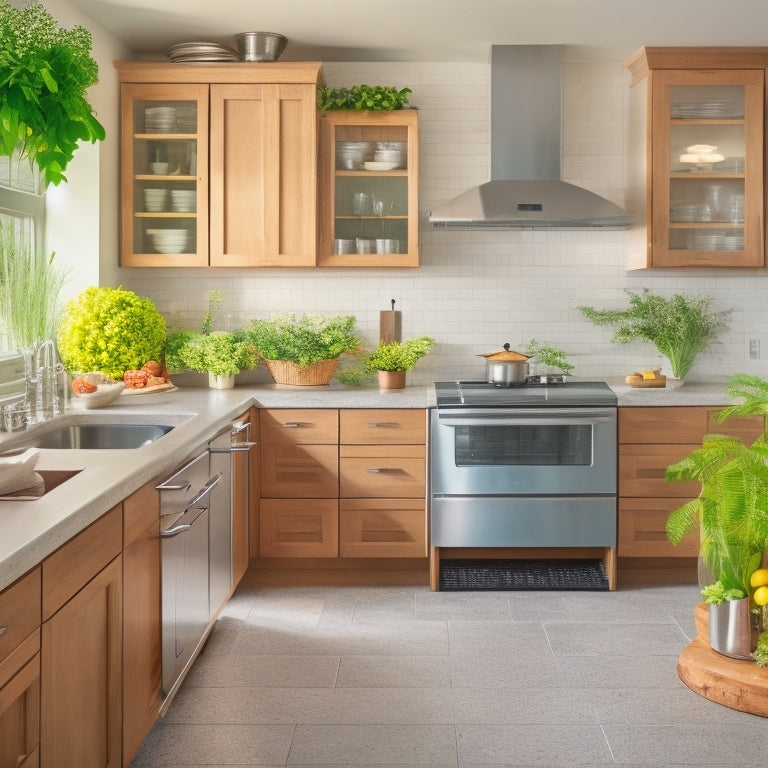 A bright, modern kitchen with a large island, wooden countertops, and stainless steel appliances, featuring a neatly arranged utensil organizer, a cookbook stand, and a vase with fresh greenery.