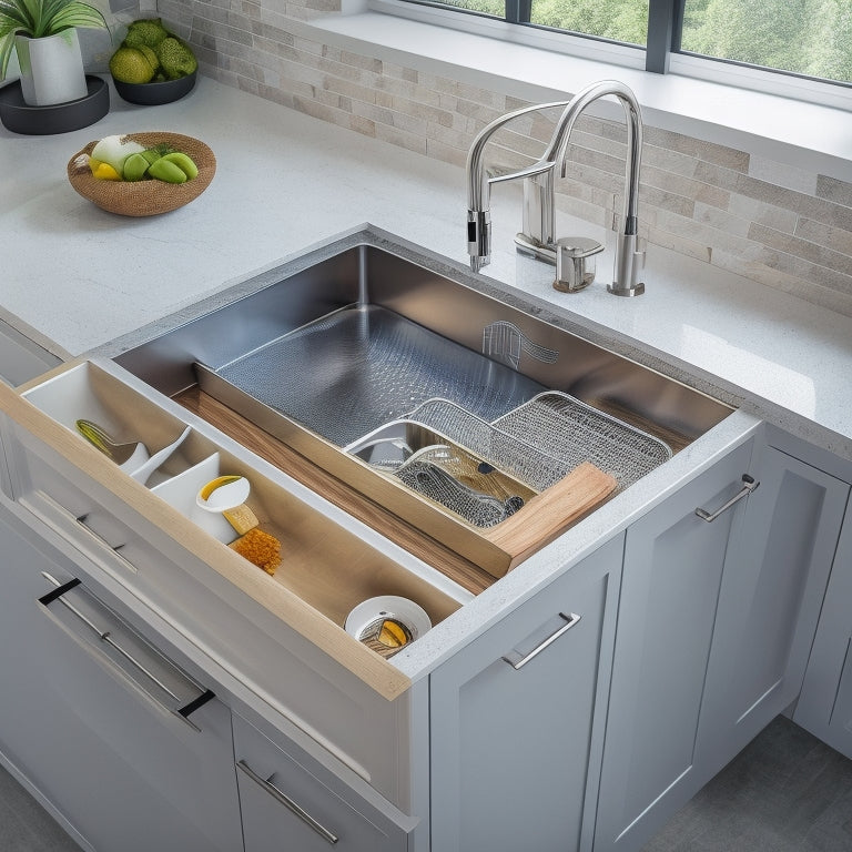 A modern, sleek kitchen sink area with a pull-out drawer, adjustable dividers, and a built-in trash can, surrounded by gleaming white countertops and stainless steel fixtures.