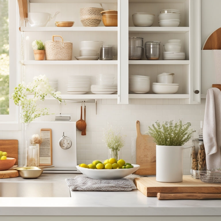 A bright, modern kitchen with sleek countertops, a tidy utensil organizer, and a few strategically placed cookbooks, surrounded by a subtle background of soft, creamy whites and warm, natural woods.