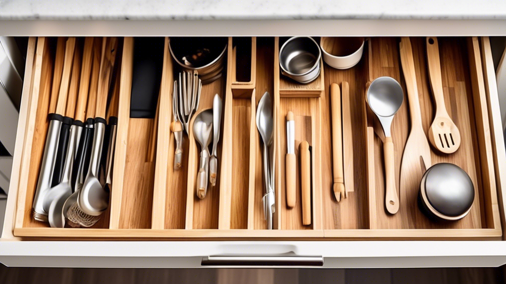 Create an image of a sleek and organized kitchen drawer filled with bamboo utensil drawer organizer. The organizer should showcase neatly arranged utensils like spatulas, ladles, and whisks, emphasizing the practicality and aesthetic appeal of using 