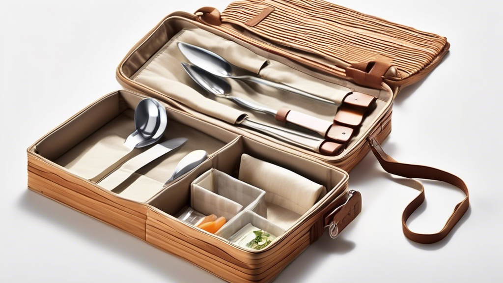 Create an image of a compact, stylish picnic utensil case that includes compartments for cutlery, napkins, and condiments. The case should be designed with a convenient handle for easy carrying, and have a versatile, practical layout that emphasizes 