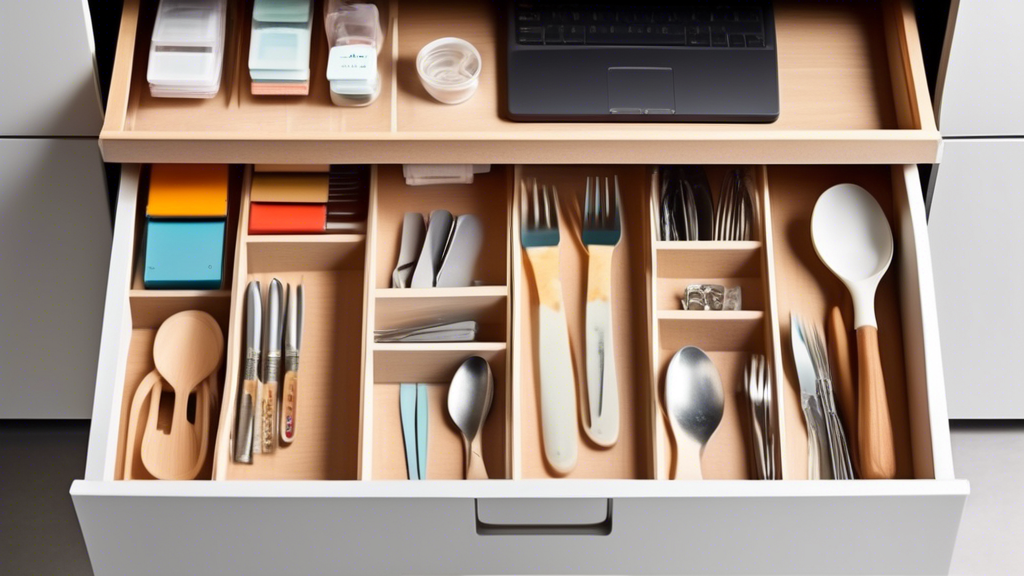 Create an image of a neatly organized top slotted drawer with customizable dividers to help keep items like utensils, office supplies, or accessories neatly categorized and easily accessible. The drawer should showcase the effectiveness of the divide