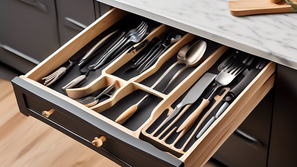 Create an image of a custom drawer organizer with compartments for different utensils such as forks, knives, and spoons. Show the drawer neatly organized with each utensil in its designated slot, creating a visually pleasing and efficient storage sol