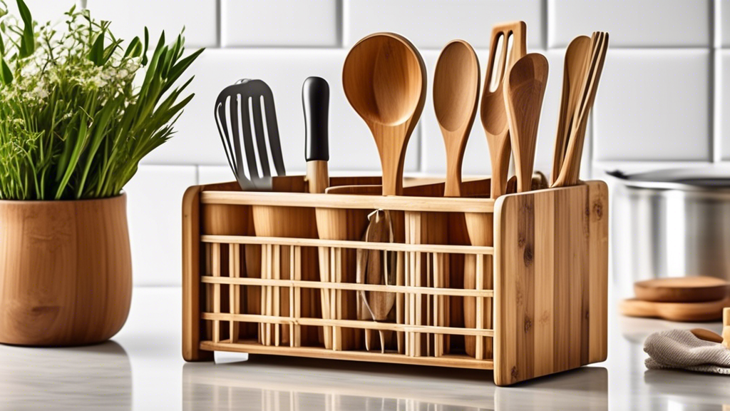 Create an image of a stylish kitchen countertop showcasing a beautifully organized bamboo utensil caddy filled with wooden spoons, spatulas, and other kitchen tools. The utensil caddy should be elegantly designed, adding a touch of sophistication to 