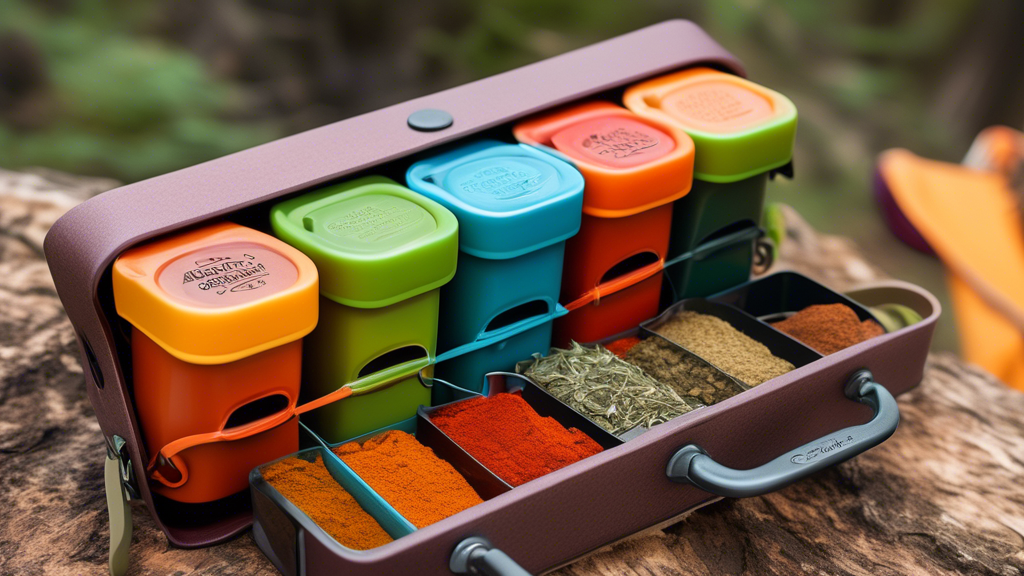 Create an image of a colorful and compact portable spice caddy designed for camping, featuring compartments for various spices and herbs neatly organized for easy access during outdoor cooking adventures. The caddy should be shown alongside camping g