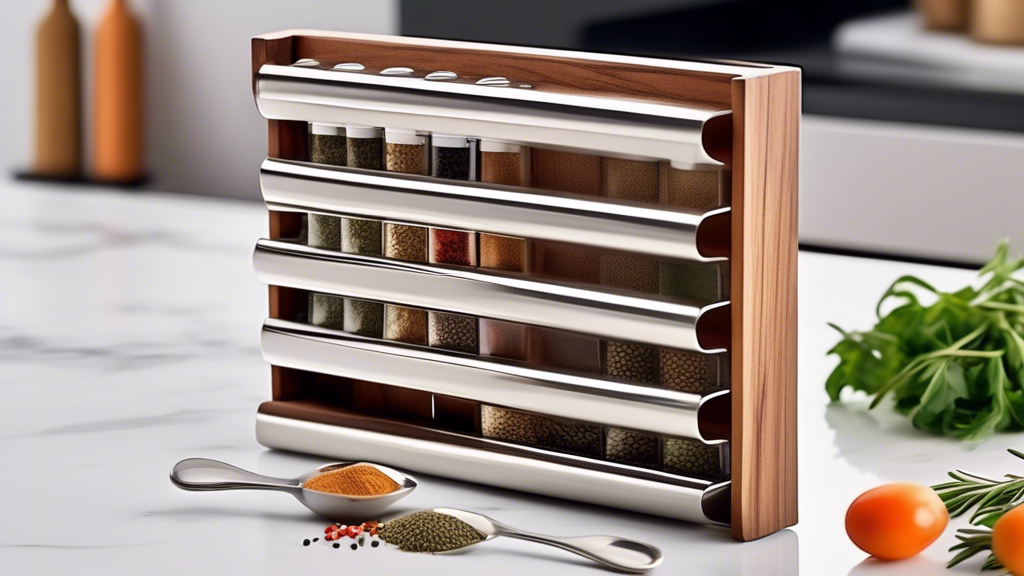 Create an image of a sleek and modern spice rack design integrated with built-in measuring spoons, showcasing efficiency and convenience in the kitchen. The spice rack should have a minimalist and streamlined look, with adjustable compartments for va
