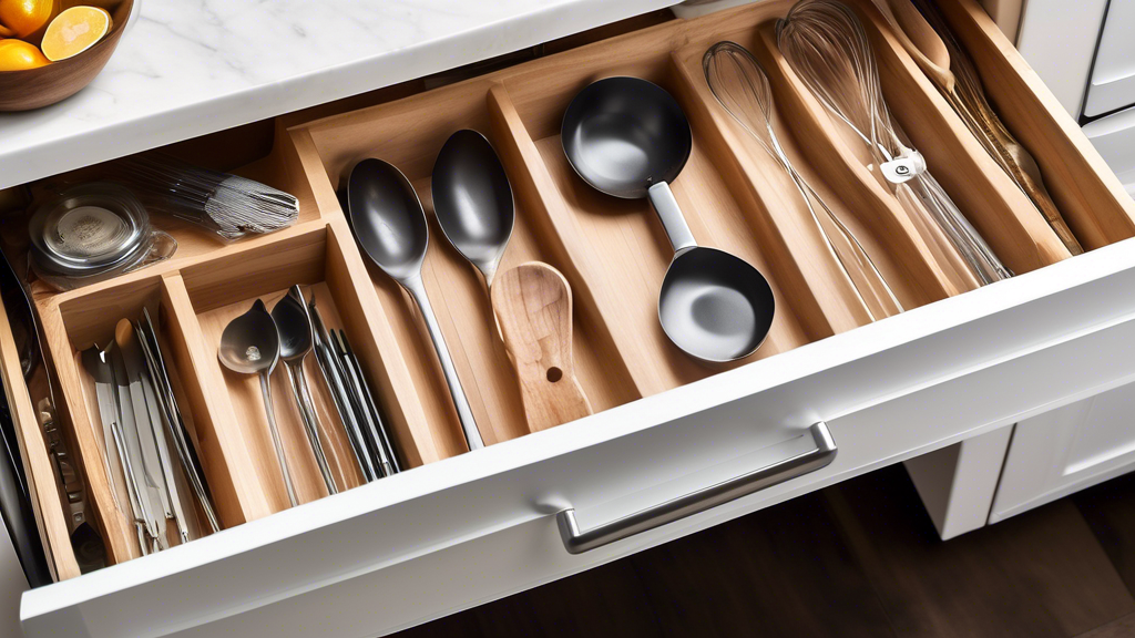 Create an image of a perfectly organized kitchen drawer with a custom-made ultimate drawer divider system, neatly separating and organizing various utensils such as spatulas, whisks, ladles, and measuring cups. The divider should be sleek, customizab