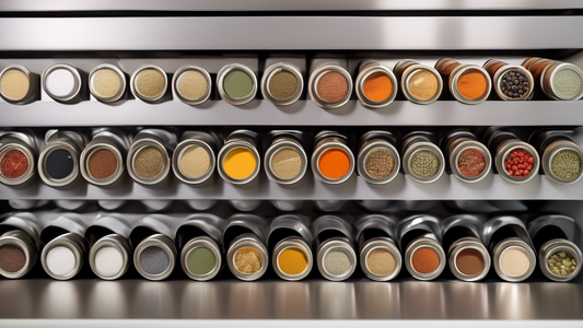 A visually appealing and organized kitchen countertop with a row of sleek magnetic spice tins attached to a wall or metallic surface. Each tin is labeled with a different spice name and color-coded for easy identification. The tins are arranged neatl