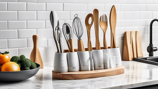 Create an image of a modern and sleek tiered utensil stand designed to organize and display various kitchen tools and utensils on a countertop. Each tier should have a different style or color option to showcase a variety of choices for the user. The