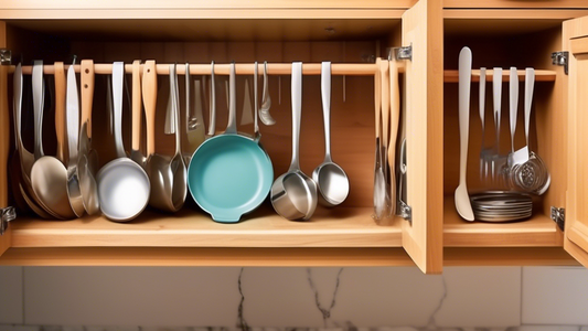 Create an image of a kitchen cabinet filled with various kitchen utensils such as spatulas, ladles, and serving spoons neatly organized and easily accessible using a stackable utensil holder. The utensil holder should be visually appealing, efficient