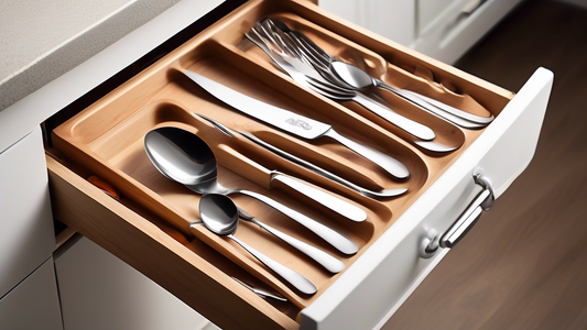 Create an image of a well-organized kitchen drawer with an adjustable silverware tray, showcasing the various benefits such as maximizing space, keeping cutlery neatly separated, and providing easy access to utensils. The image should emphasize the c