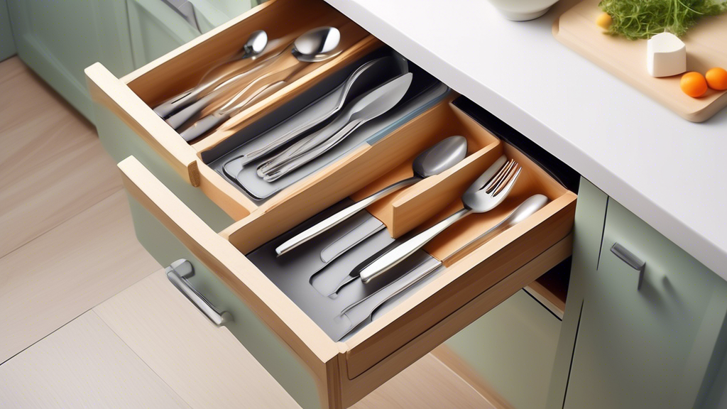 Create an image of a compact, space-saving cutlery organizer designed for smaller kitchens. The organizer should showcase innovative features such as adjustable compartments, stackable design, and efficient use of vertical space. The image should con