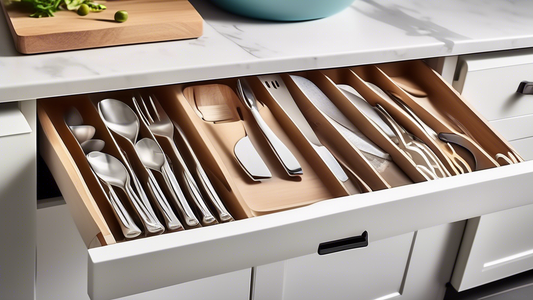 Create an image of a modern kitchen with five different customizable cutlery storage solutions displayed, such as a drawer organizer, a wall-mounted magnetic knife holder, a stackable cutlery tray, a countertop caddy, and an adjustable utensil holder