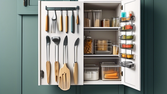 Create an image of a kitchen pantry with a neatly organized over-the-door cutlery caddy filled with assorted kitchen utensils, showcasing a clutter-free and efficient storage solution for a tidy kitchen space.