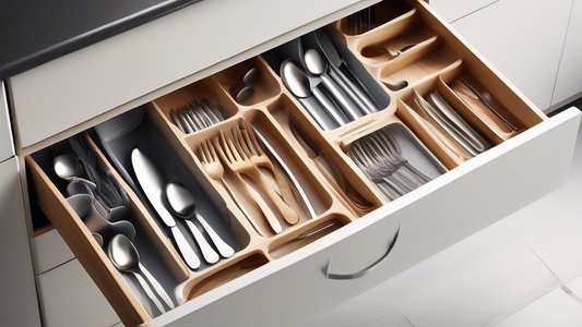 Create an image of a neatly organized kitchen drawer with various types of cutlery separated and organized using interlocking drawer dividers. The dividers should fit snugly together, showcasing a clean and efficient way to keep utensils in place and