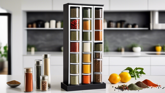 Create an image of a modern, sleek spice rack tower that is organized with a variety of colorful spices and herbs. The tower should be stylish and functional, fitting seamlessly in a contemporary kitchen setting. The spices should be neatly arranged 